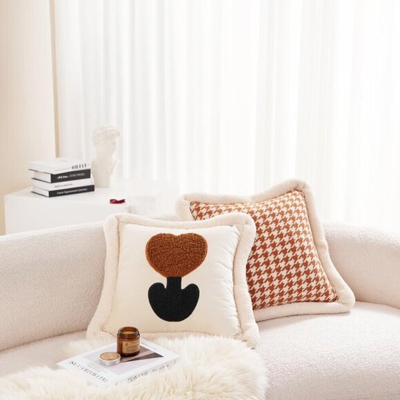 18 Inch Beige Tulip Embroidery Velvet Cushion Luxury Modern Throw Pillow Cover - Picture 6 of 7